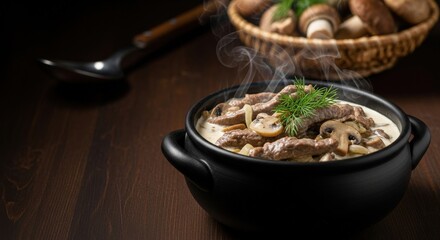 Creamy Belarusian Beef Stroganoff with Sour Cream & Mushrooms – Black Clay Pot, Mushroom Basket & Wooden Spoon in Moody Light