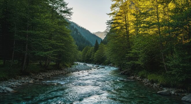 River flows through a forest valley, sunlight filtering through trees