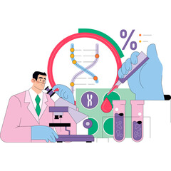 Scientist Examining DNA Strand Under Microscope in Laboratory with Test Tubes and Genetic Symbols Pink Lab Coat Green Tie Blue Gloves