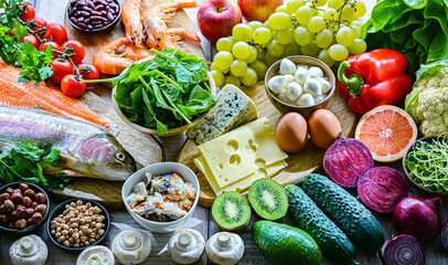 Food products representing the pescetarian diet