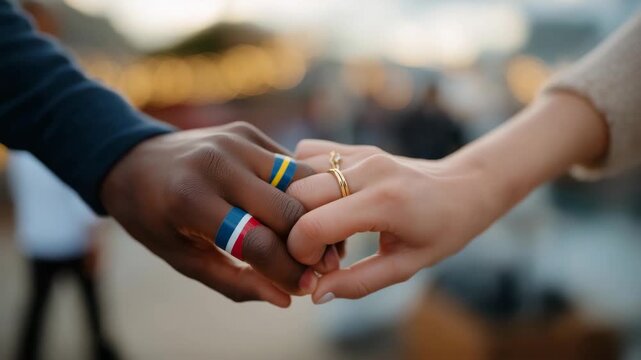 Close-up of intertwined hands wearing wedding rings with different national flags softly blurred in the background, representing intercultural love, international commitment, and unity through