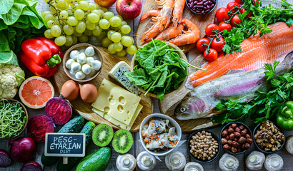 Food products representing the pescetarian diet