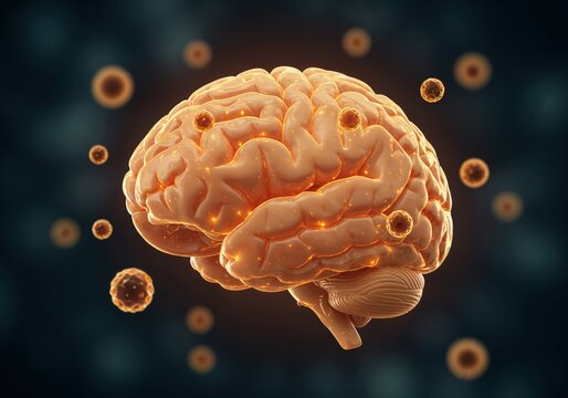 A 3D digital illustration of a human brain with glowing neural activity. Medical concept of a neurological disease, virus, or cancer cells attacking the central nervous system