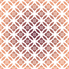Seamless Pattern of Pink and Orange Gradient Cherry Blossoms and Leaves in a Repeating Geometric Arrangement on a White Background