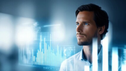 A professional man stands in front of transparent screens displaying financial analytics and futuristic charts. The atmosphere conveys innovation, leadership, and digital transformation - Powered by Adobe