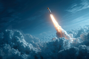 Powerful Rocket Ascending Through A Deep Blue Sky Covered In White Clouds