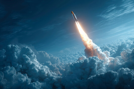 Powerful Rocket Ascending Through A Deep Blue Sky Covered In White Clouds