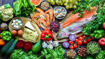 Food products representing the pescetarian diet