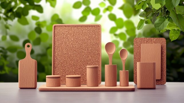 A collection of natural wooden kitchen utensils and cork boards are displayed on a table, set against a soft, blurred background of green foliage. - Powered by Adobe