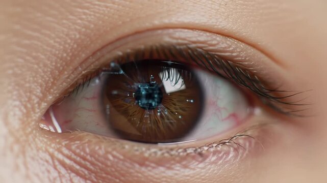 Extreme macro close-up video, a human eye with intricate iris and pupil, subtle digital pattern in pupil, slow push-in zoom, soft diffused lighting, on a soft abstract bokeh background. Concept of