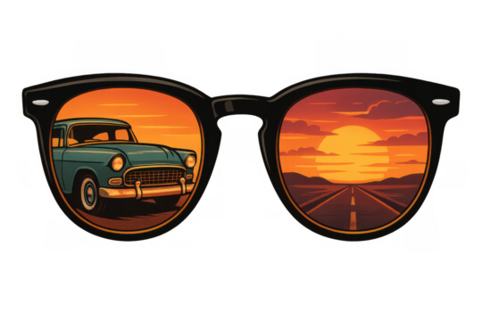 Sunglasses reflecting a vintage car road trip on a highway at sunset, evoking freedom and adventure, isolated
