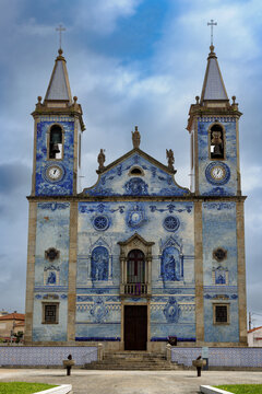 Igreja de Santa Marinha de Cortegaca, church decorated with blue and white azulejos in Cortegaca, Portugal.