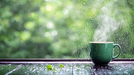 A green mug of hot, steaming coffee sits on a dark, wet wooden surface with raindrops on a window in the background.