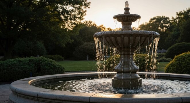 Stone fountain gurgles in a lush green garden at sunset