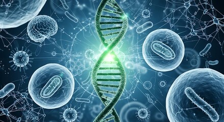 DNA Double Helix with Cells and Microorganisms Biotechnology and Molecular Biology Concept Background  
