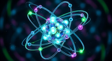 3D Glowing Atomic Structure Model with Orbiting Electrons Quantum Physics and Energy Concept Background  
