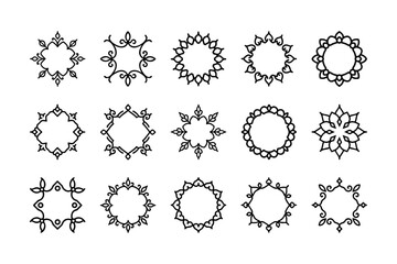 Collection of Fifteen Round and Square Decorative Frames for Invitations Isolated on White Background Vector Illustration with Thin Line Style and Floral Elements.