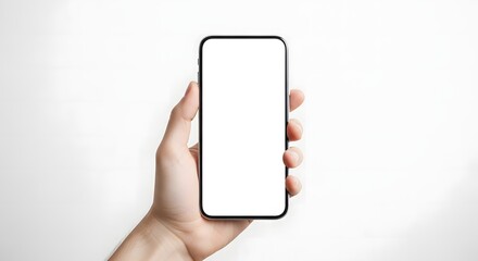 A mockup image displays a hand holding a modern smartphone with a blank screen.
