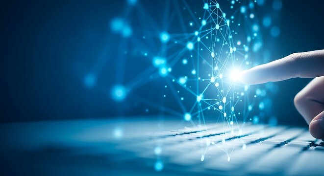 Finger touching a glowing network of digital connections on a keyboard - Powered by Adobe