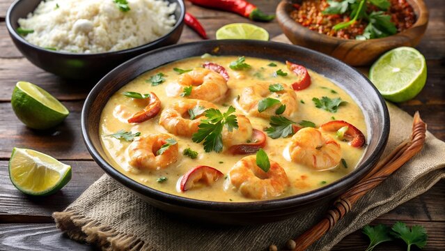 Delicious creamy shrimp curry with rice and lime garnishes served on a rustic wooden table