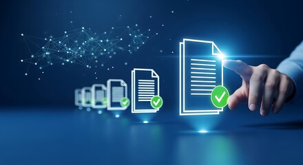 Digital document verification and approval process with glowing checkmarks