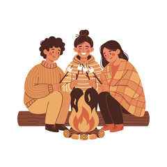 Three friends gathered around a warm campfire roasting marshmallows enjoying a cozy autumn evening in warm knit sweaters and blankets with vibrant flames and glowing embers in a minimalist artistic