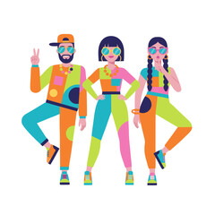Three friends in colorful 1980s inspired outfits posing together with sunglasses and stylish accessories celebrating good vibes and fun times