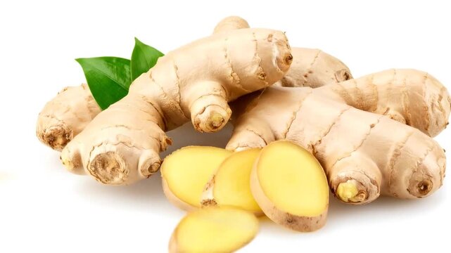 Fresh ginger root with slices with leaves.