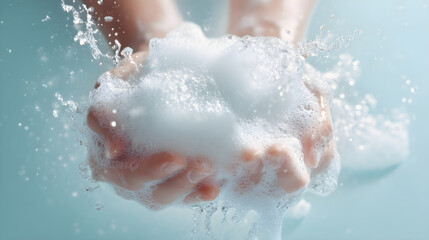 Hands holding soap bubbles with water splashes in a serene blue environment for cleanliness concept