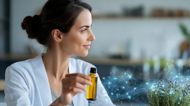 Thoughtful woman in white jacket examines bottle essential oil in bright kitchen, with digital network graphics symbolizing innovation. Scene merges holistic health with futuristic technology