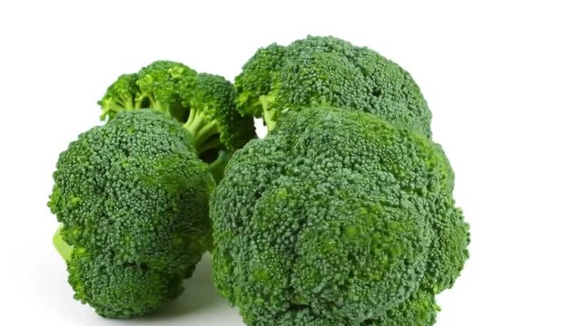 Fresh green broccoli florets with white background.