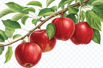 realistic fresh apples hanging from a branch with green leaves in a natural setting isolated on transparent background