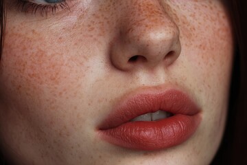 Close-up of a woman's face highlighting freckles, full lips, and smooth skin, showcasing natural beauty and texture in soft lighting, evoking a sense of intimacy and elegance