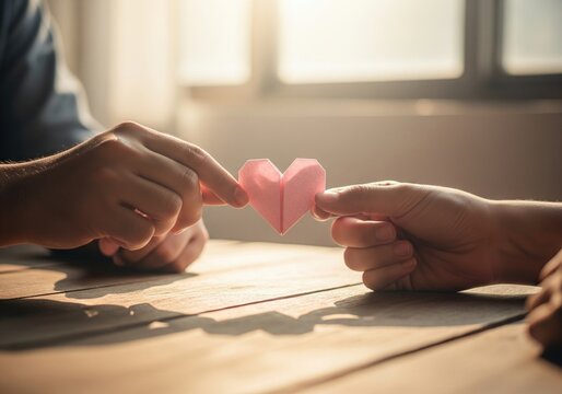 Couple's hands holding pink paper origami heart as a symbol of love and care in warm light - Powered by Adobe