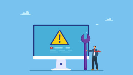 Technician holding wrench fix system failure message on computer. System error, software problem or system failure, security alert or hardware fault to be fixed, caution or maintenance.