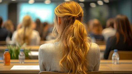 Young Woman Attending Business Conference Seminar, Focusing on Speaker from Behind, Professional Development Workshop Audience