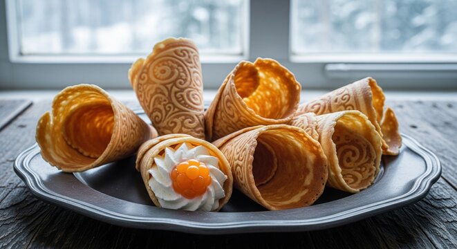 Traditional norwegian krumkake wafer cones with whipped cream and cloudberries on a plate