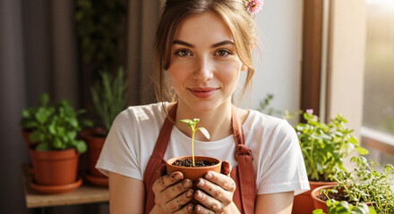 A smiling woman covered in soil lovingly holds a tiny green sprout, embodying hope and the joy of gardening, setting a cheerful mood.