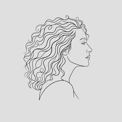 Elegant single continuous line drawing of a beautiful woman's profile with flowing, curly, voluminous hair on a light gray background.