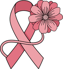 Pink Ribbon and Flower Illustration Symbol of Breast Cancer Awareness