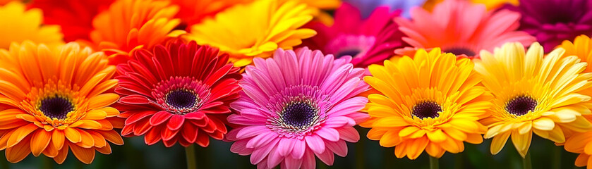Close up of vibrant multicolored gerbera daisies with bright yellow, orange, red, pink and purple petals in full bloom on natural green background in garden setting