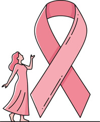 A hopeful woman in a pink dress stands beside a giant pink ribbon, symbolizing the fight against breast cancer and the importance of awareness month