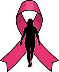 Silhouette of a Woman Walking Through a Pink Breast Cancer Awareness Ribbon
