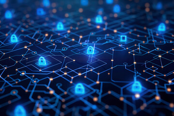 Abstract Digital Network Security Circuit Board with Glowing Blue Padlocks Illustrating Data Protection and Cyber Defense