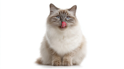 A fluffy ragdoll cat with blue eyes sitting on a white background and licking its nose sweetly