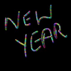 Vibrant, playful New Year greeting with cheerful rainbow bubble letters against a stark black background, perfect for festive promotions and social media