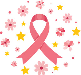 Pink Ribbon with Flowers and Stars Breast Cancer Awareness Symbol