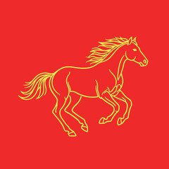 Dynamic single continuous line outline of a majestic horse galloping or running, in bright yellow on a vibrant red background.