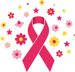 Breast cancer awareness symbol with pink ribbon and floral elements for support and hope