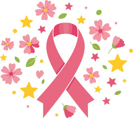 Elegant illustration of a pink awareness ribbon adorned with beautiful flowers and sparkling stars, representing solidarity, hope, and the global fight against breast cancer